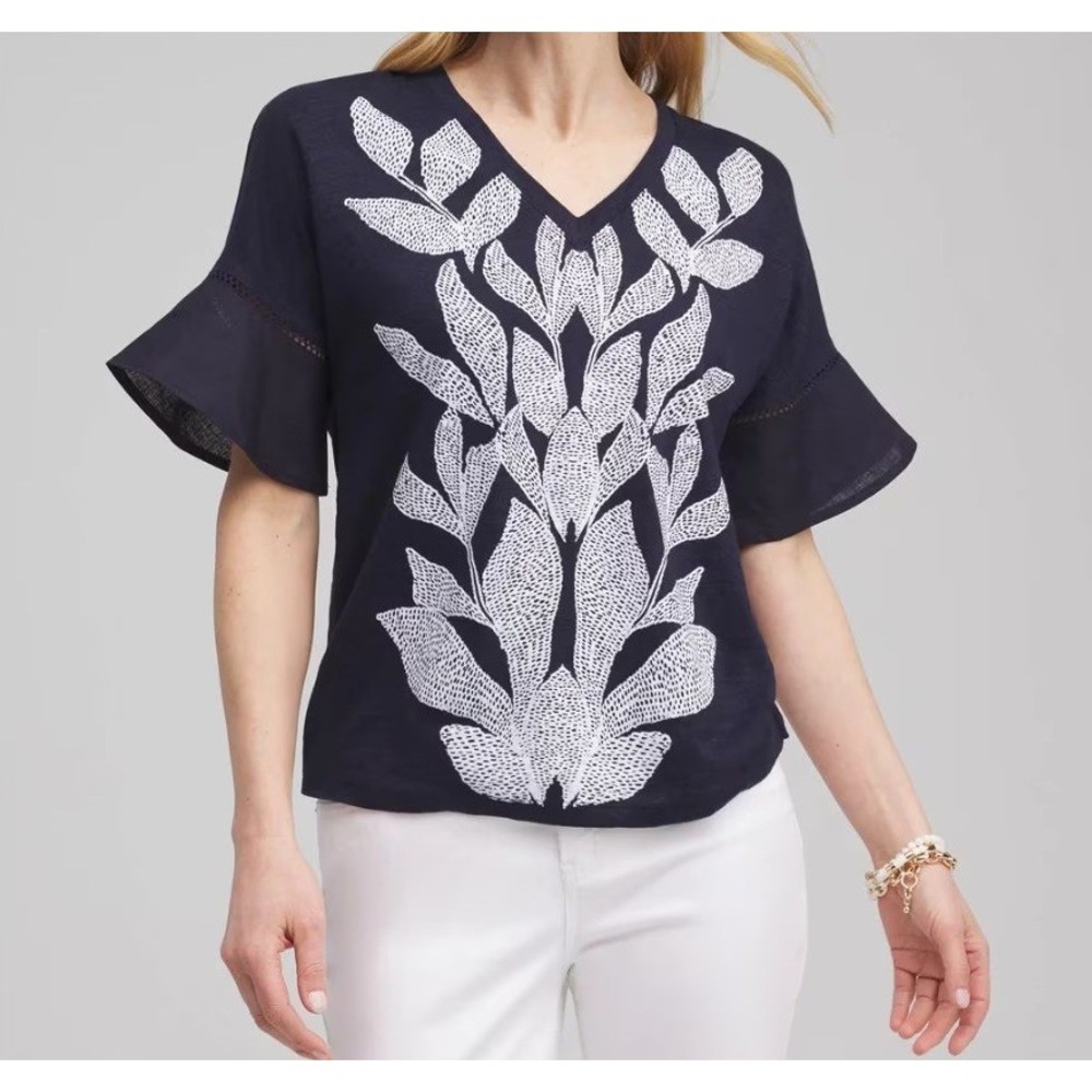 Chicos Top Womens 4 / XXL Navy Blue Linen Leaf Embroidered Flutter Sleeve‎ Boho
